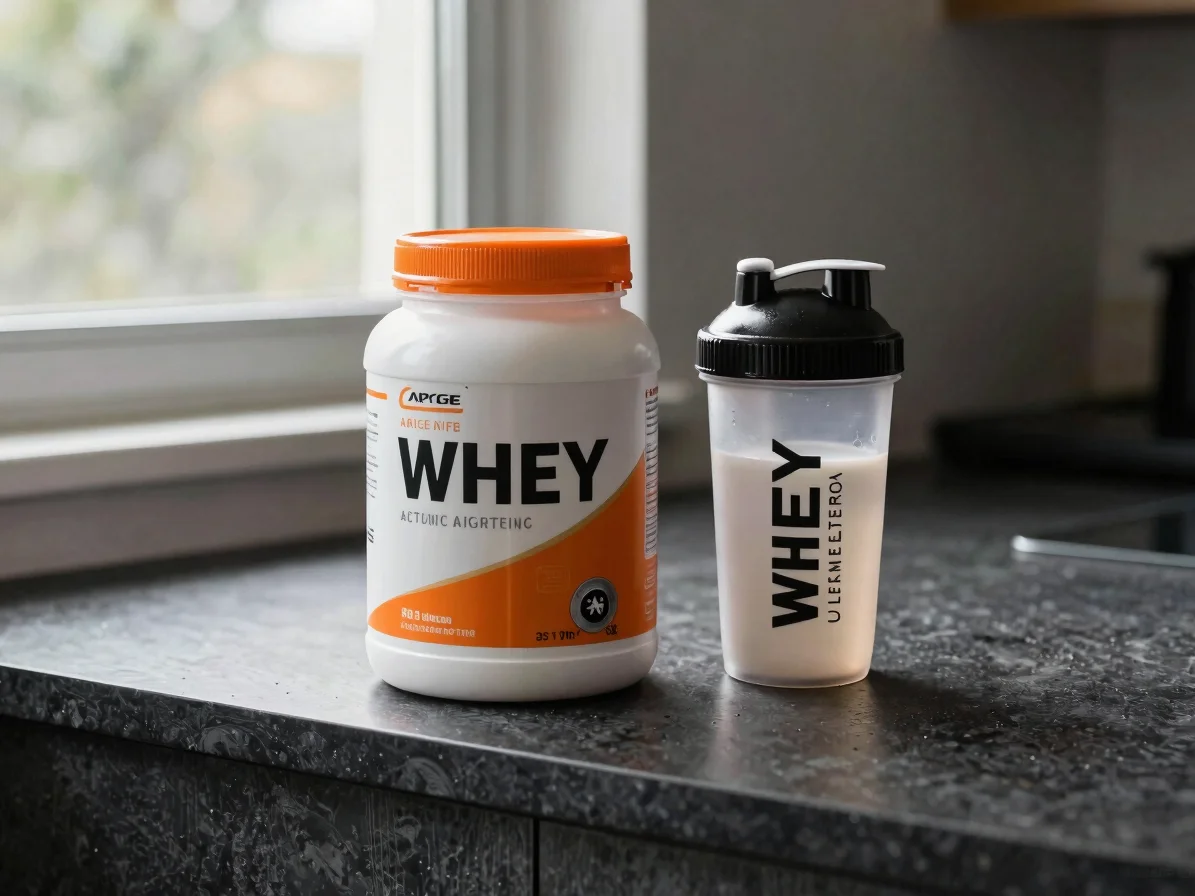 Close-up editorial of a whey protein tub beside a shaker on a dar