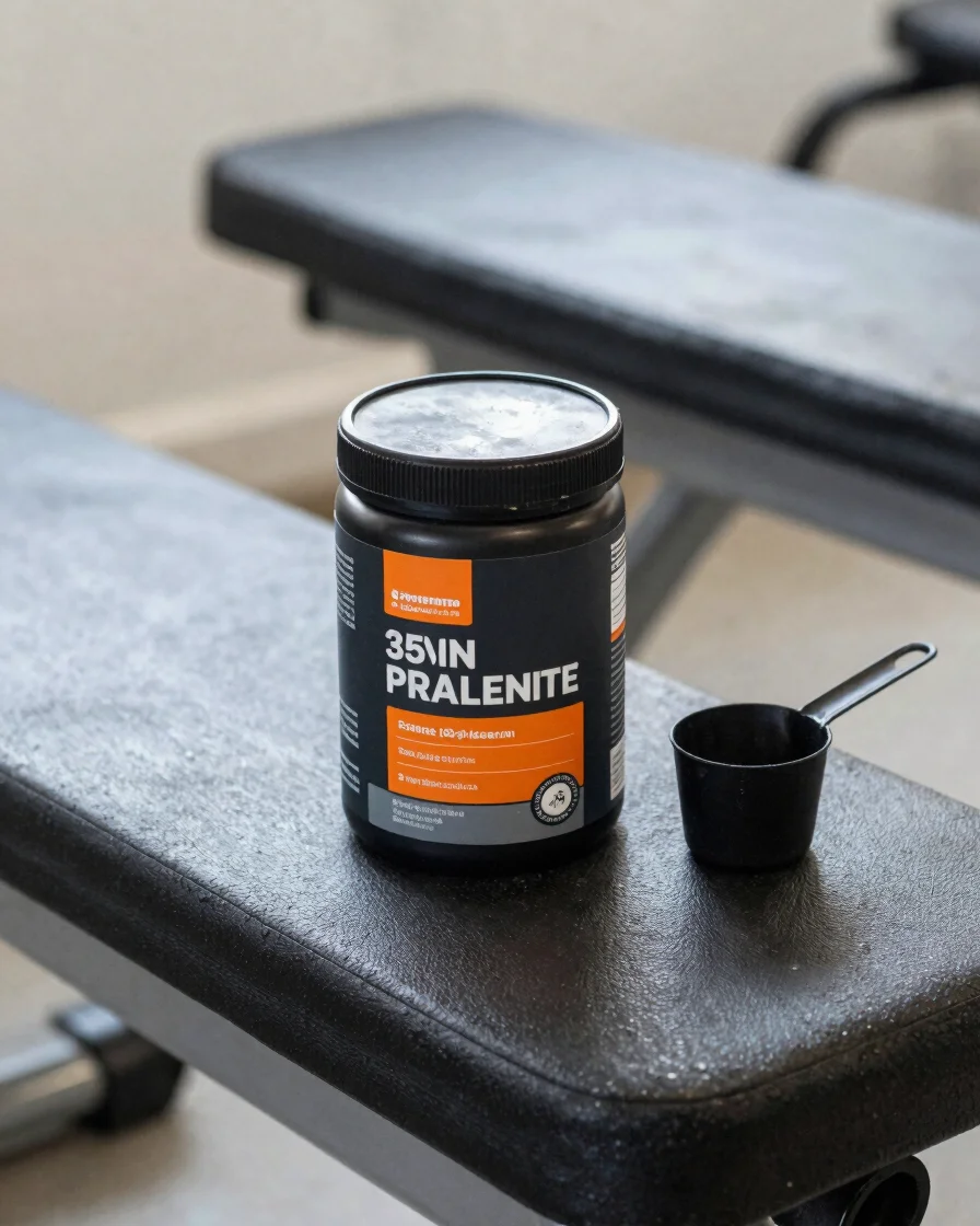Editorial close-up of a dark supplement tub and a scoop on a grey