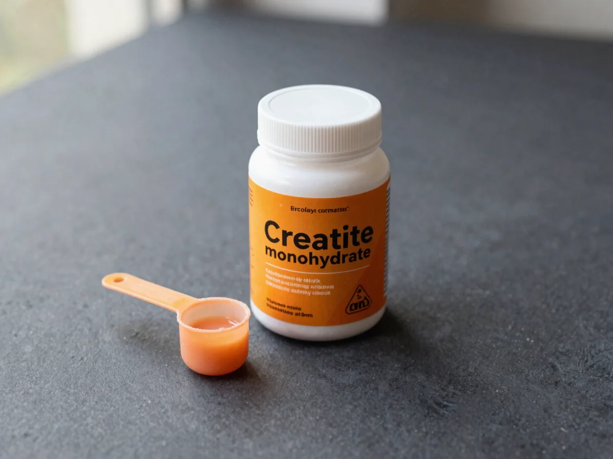 Close-up editorial of a creatine monohydrate tub and measuring sc